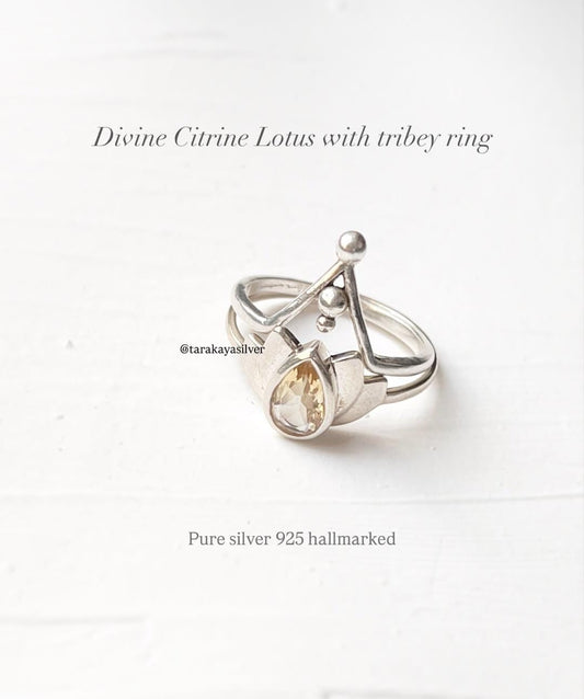 Citrine Lotus & V Tribey Stack Set 925 Sterling Silver Ring