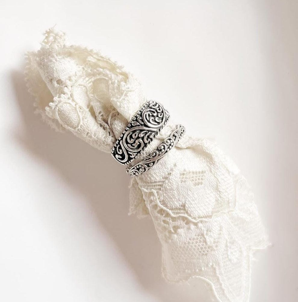 Thin, Thick Vintage Motif Stack Set Couple 925 Sterling Silver Ring