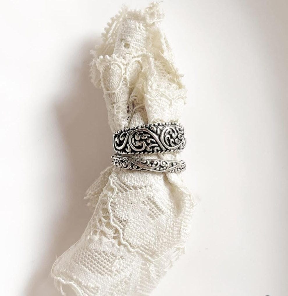 Thin, Thick Vintage Motif Stack Set Couple 925 Sterling Silver Ring