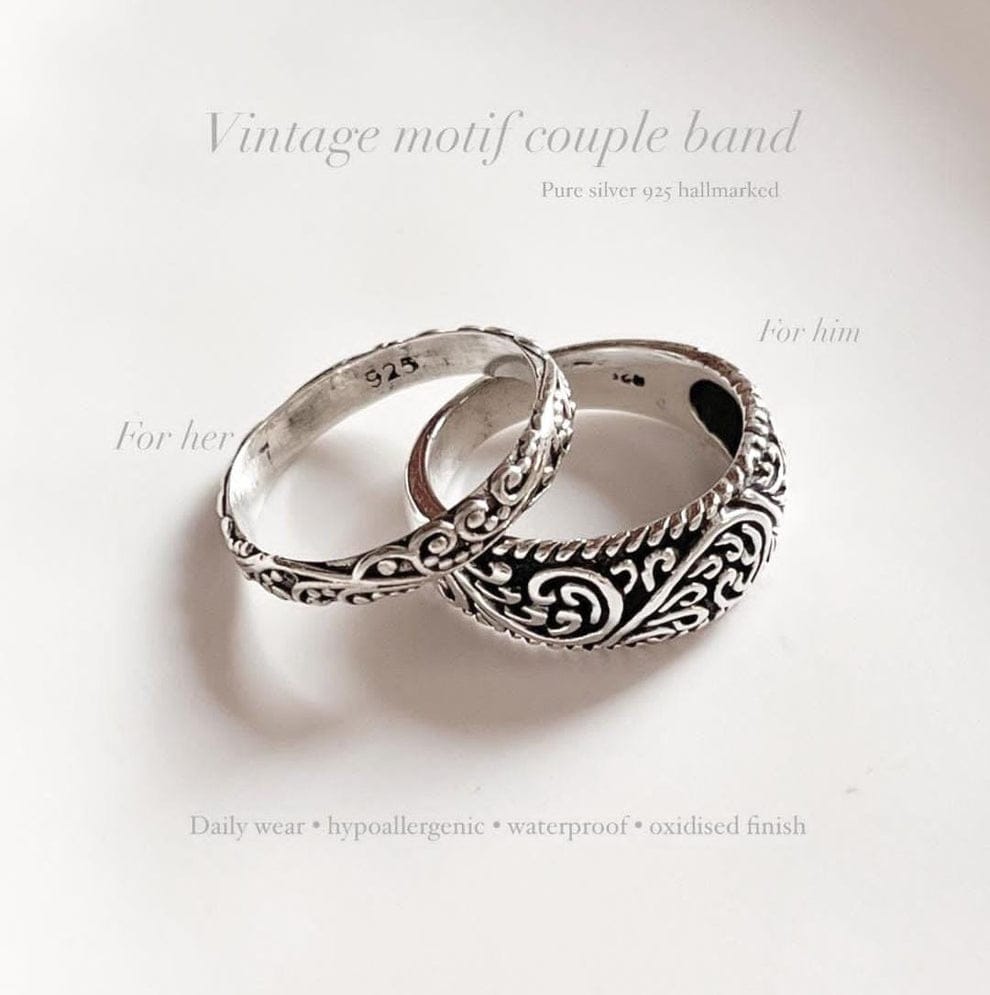 Thin, Thick Vintage Motif Stack Set Couple 925 Sterling Silver Ring