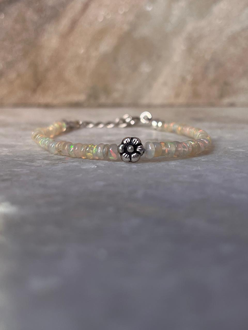 Natural Ethiopian Opal with Floral Charm Handcrafted 925 Sterling Silver Bracelet