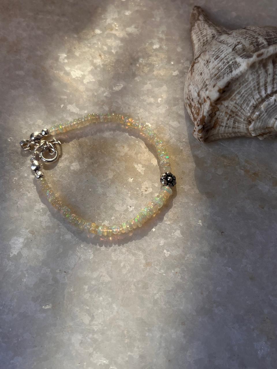 Natural Ethiopian Opal with Floral Charm Handcrafted 925 Sterling Silver Bracelet