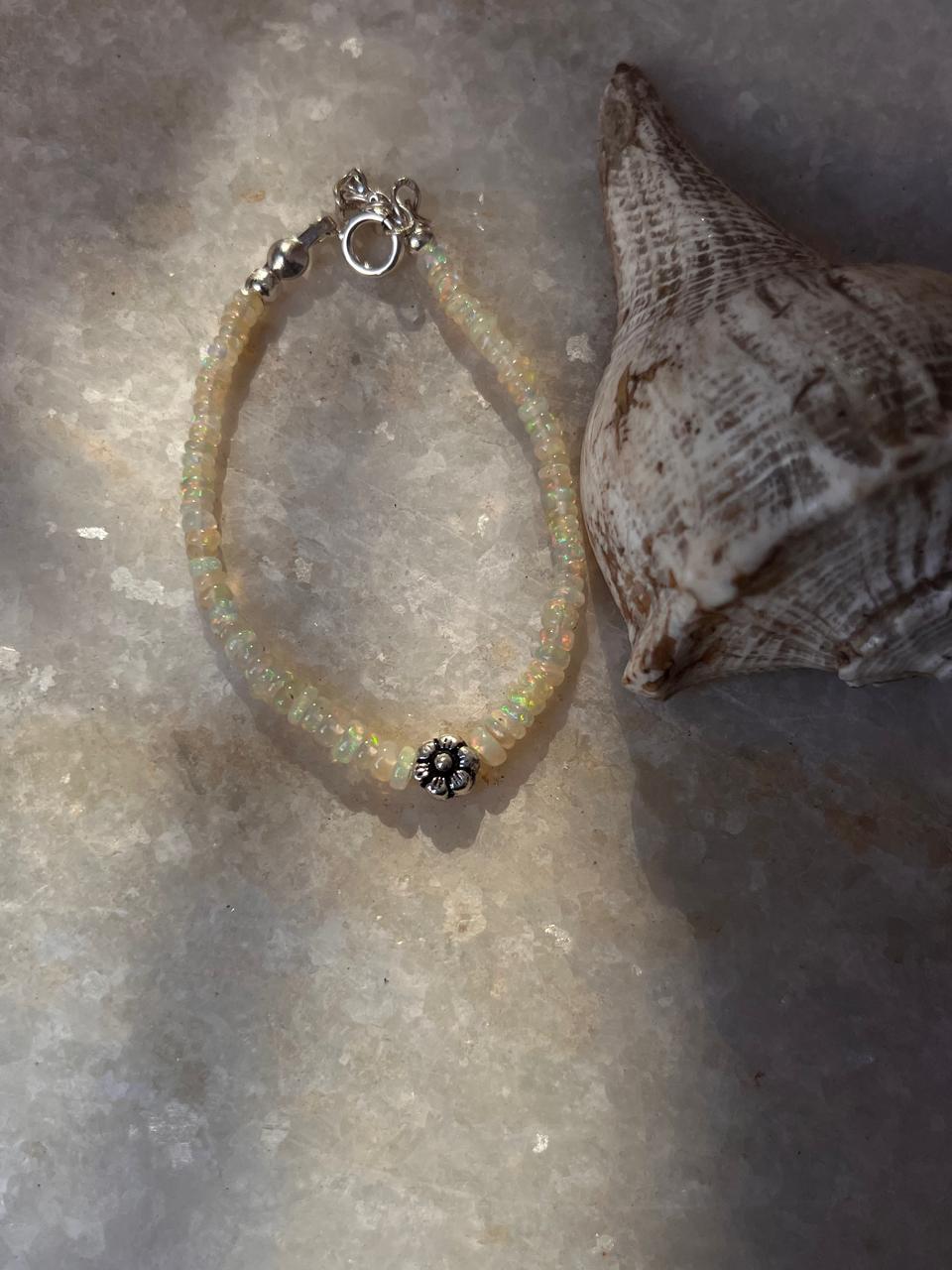 Natural Ethiopian Opal with Floral Charm Handcrafted 925 Sterling Silver Bracelet