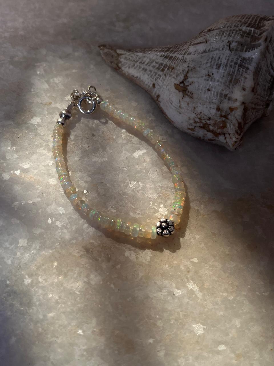 Natural Ethiopian Opal with Floral Charm Handcrafted 925 Sterling Silver Bracelet