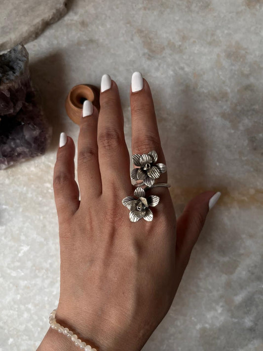 Antique Bohemian Handcrafted Double Roses Adjustable 925 Sterling Silver Ring