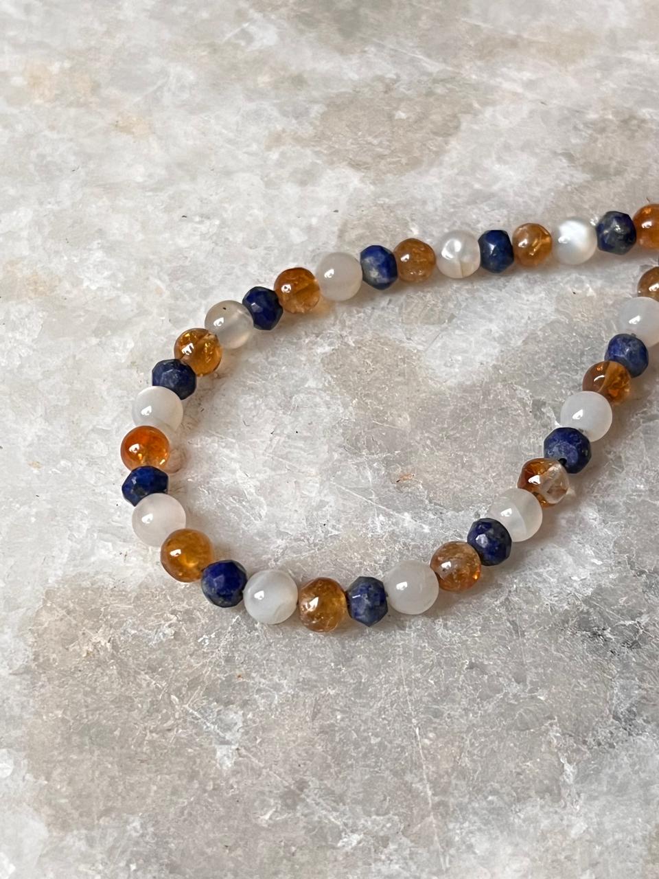 Lapis lazuli, Moonstone & Citrine 4mm Round Handcrafted 925 Sterling Silver Bracelet