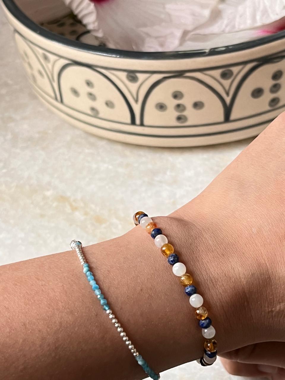 Lapis lazuli, Moonstone & Citrine 4mm Round Handcrafted 925 Sterling Silver Bracelet