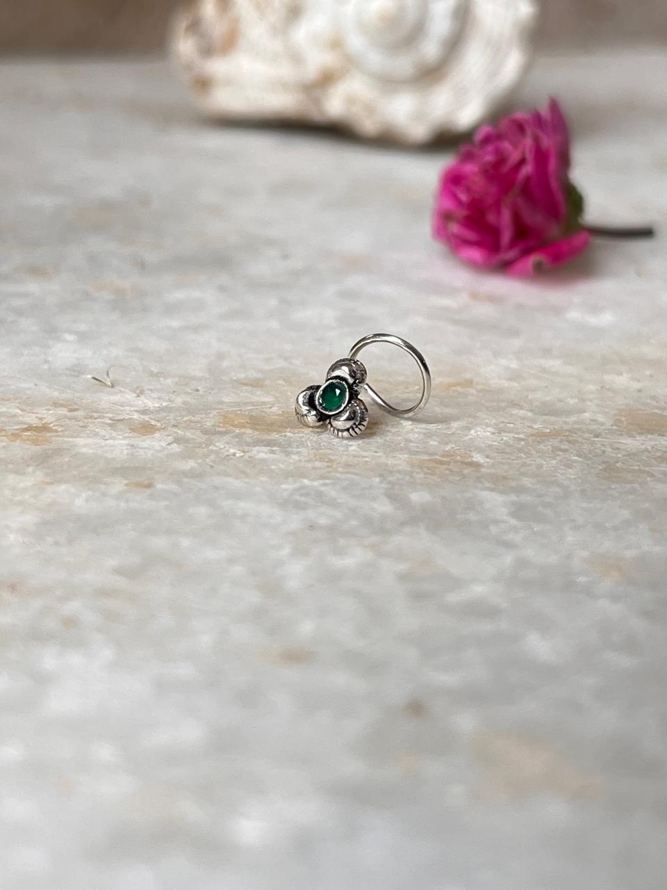 Tribal Rawa Green Cz Stone Wired Back 925 Sterling Silver Nose pin
