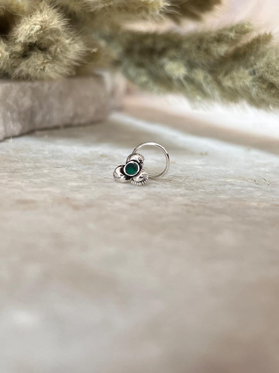 Tribal Rawa Green Cz Stone Wired Back 925 Sterling Silver Nose pin