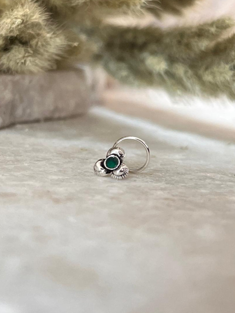 Tribal Rawa Green Cz Stone Wired Back 925 Sterling Silver Nose pin