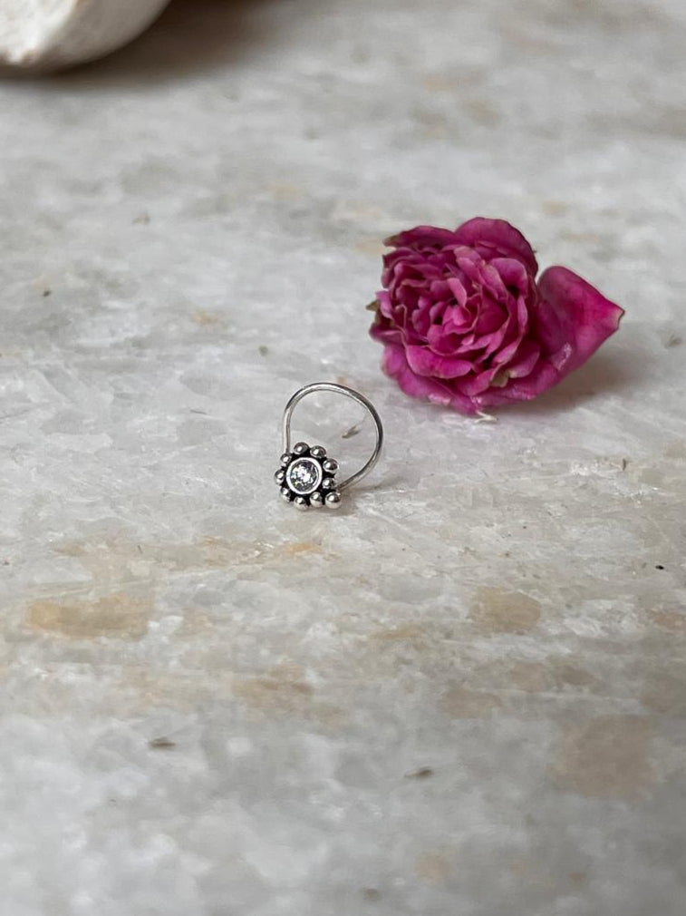 Tribal Rawa White Cz Stone Wired Back 925 Sterling Silver Nose pin
