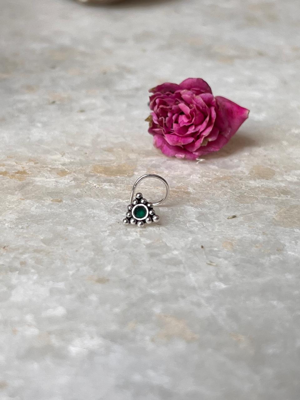 Tribal Rawa Green Cz Stone Wired Back 925 Sterling Silver Nose pin