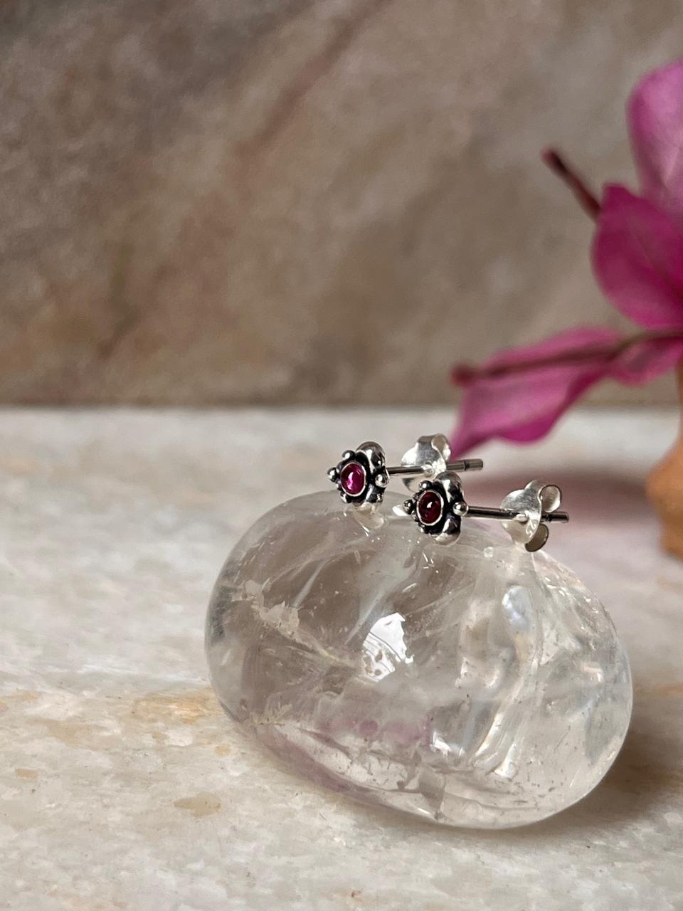 Stylish sterling silver leaf studs with pink cubic zirconia