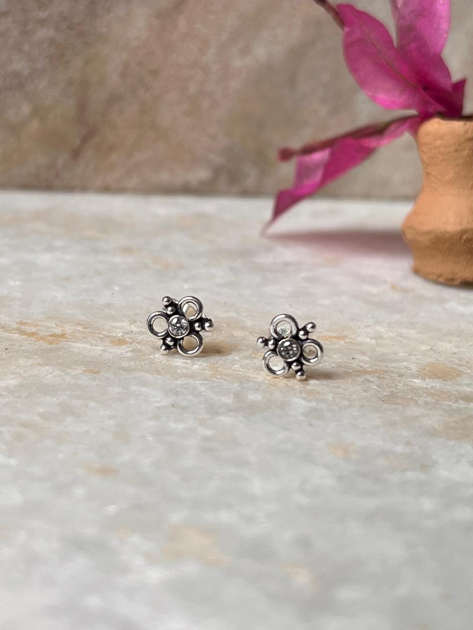 Minimalist white CZ flower stud earrings in 925 silver