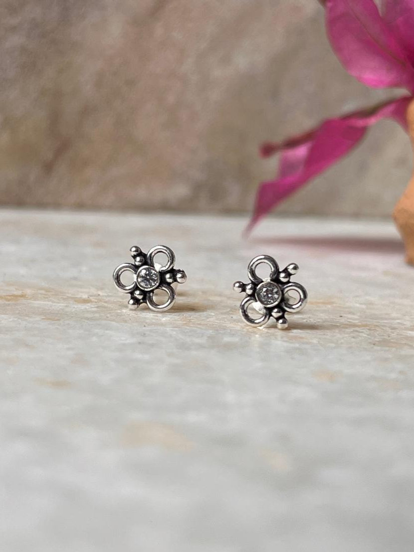 Flower White CZ Stone Studs 925 Sterling Silver Earrings