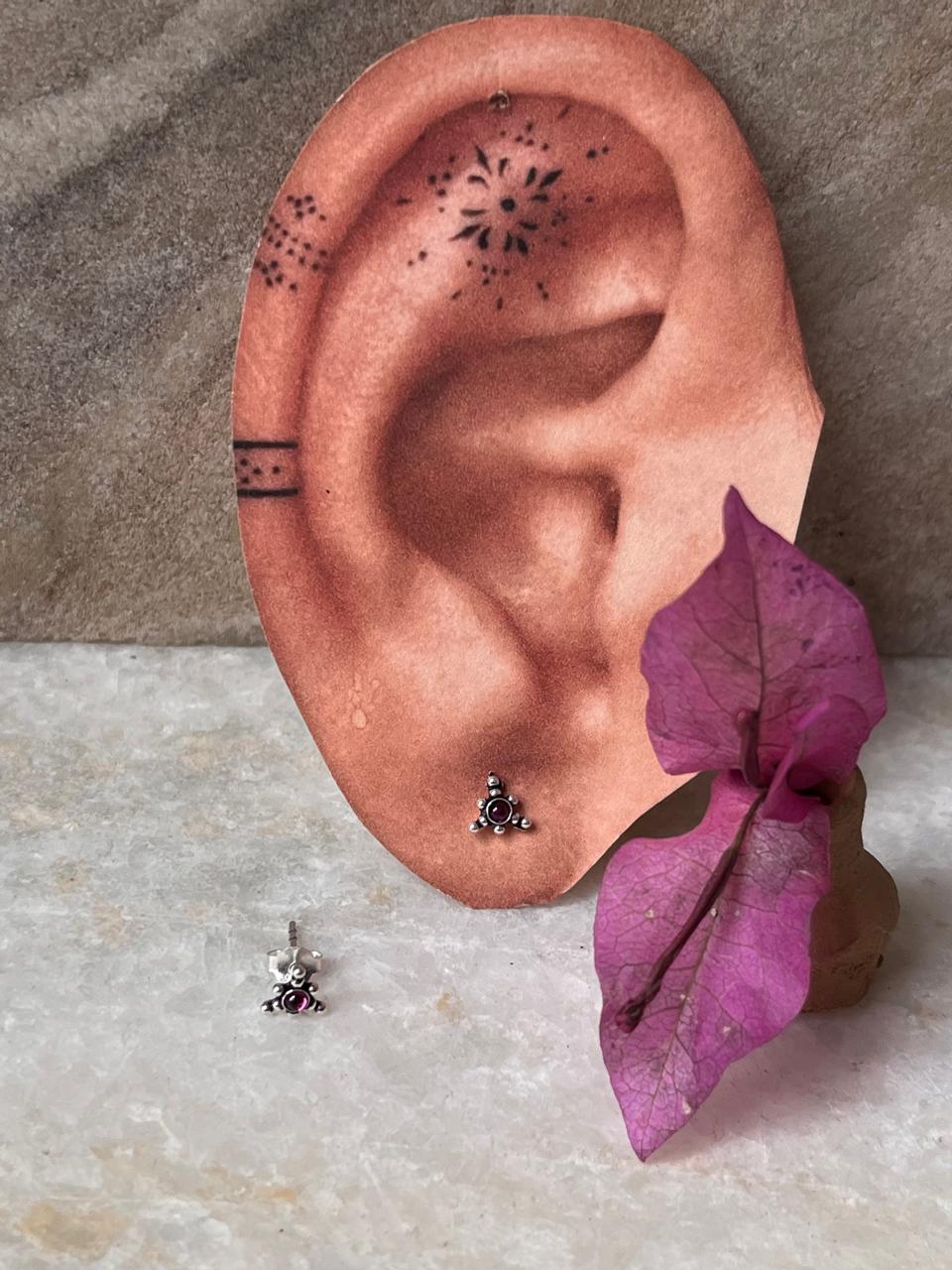 Handcrafted 925 sterling silver rawa studs with pink CZ stones