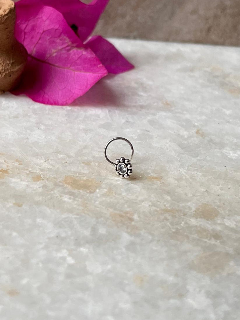 Tribal Rawa White Cz Stone Wired Back 925 Sterling Silver Nose pin