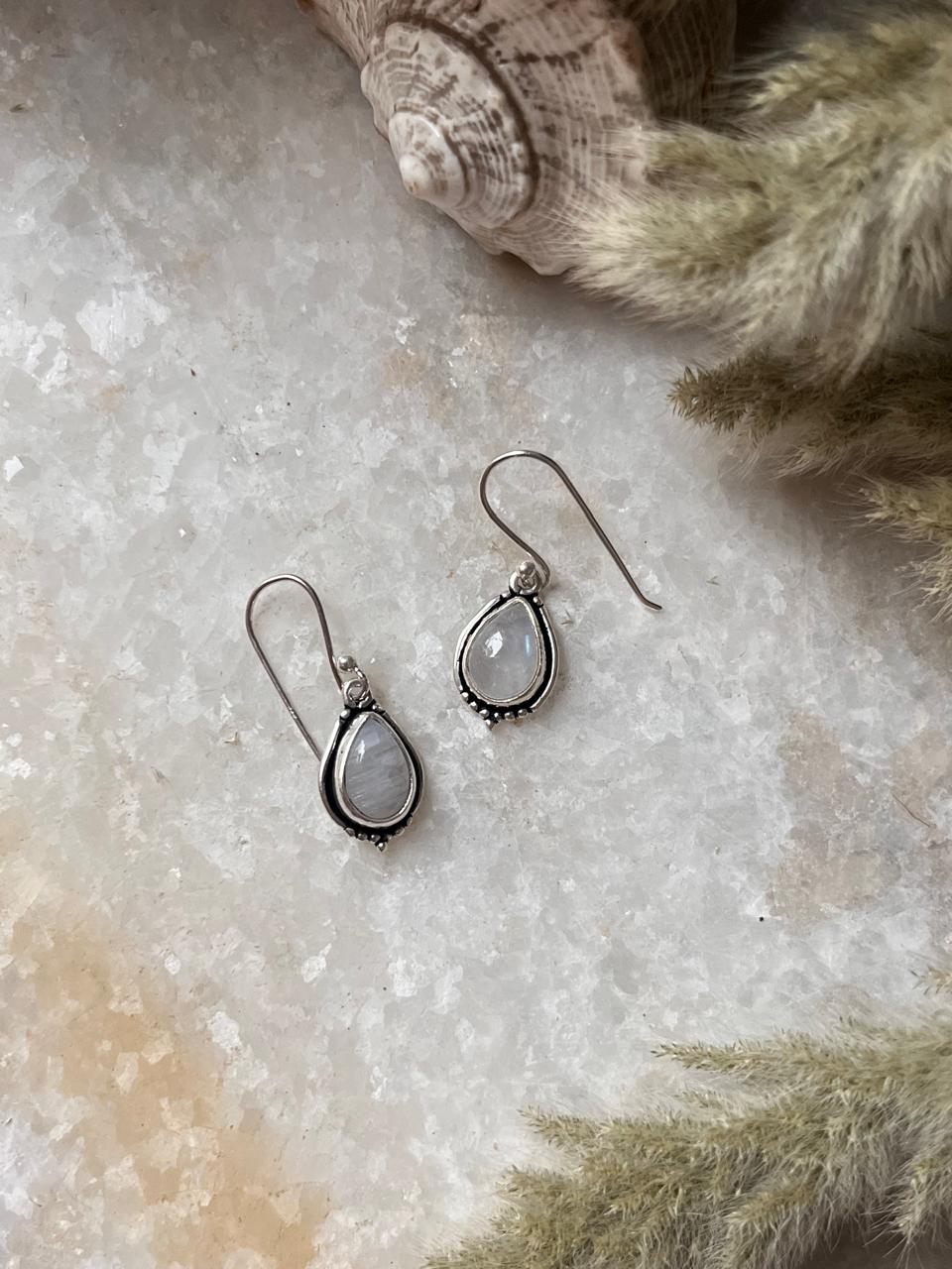 Moonstone Pear Boho Hook 925 Sterling Silver Earrings