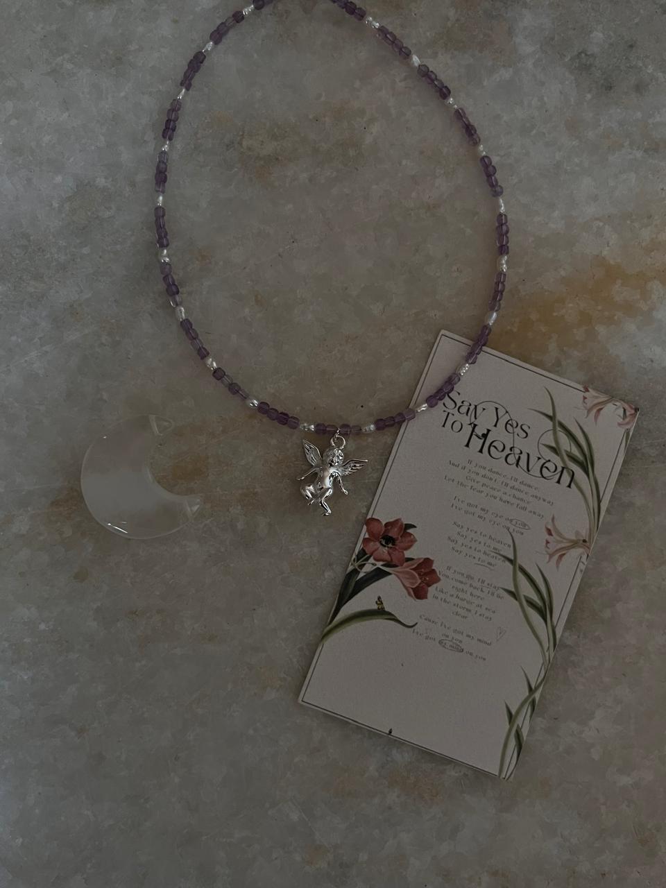 Amethyst & Fresh Water Rice Pearl Natural Crystal With Cherub Angel Charm 925 Sterling Silver Choker Necklace