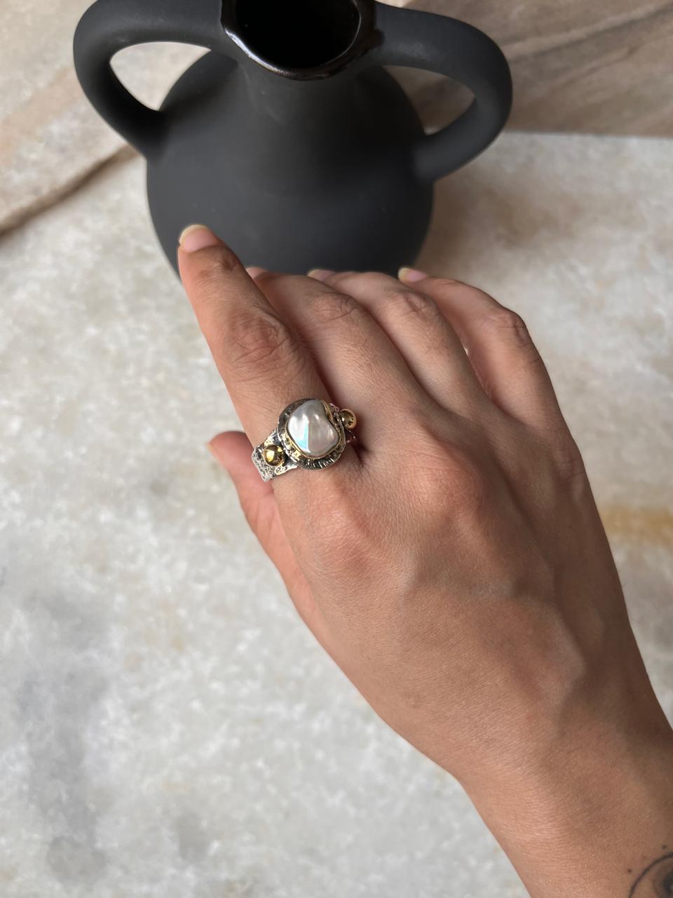 Baroque Pearl Rustic Fusion Handcrafted 925 Sterling Silver Ring