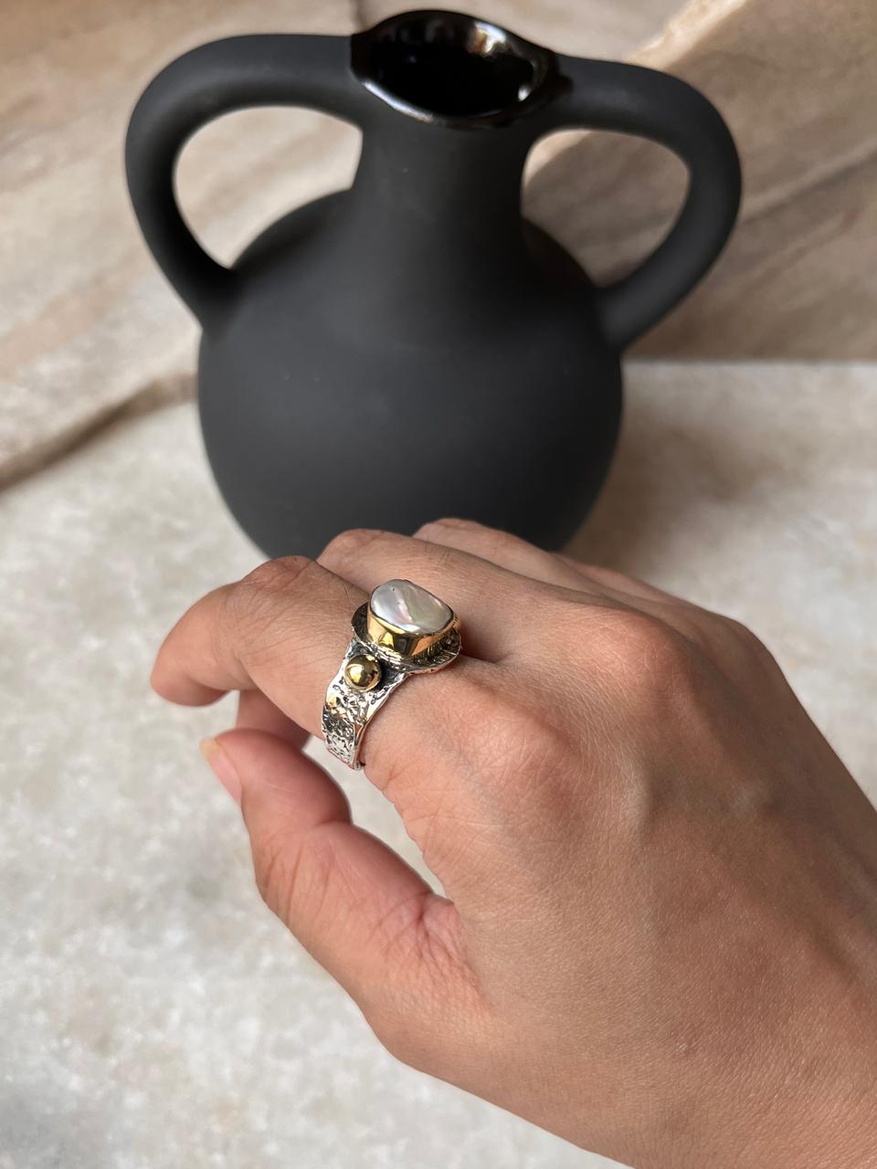 Baroque Pearl Rustic Fusion Handcrafted 925 Sterling Silver Ring