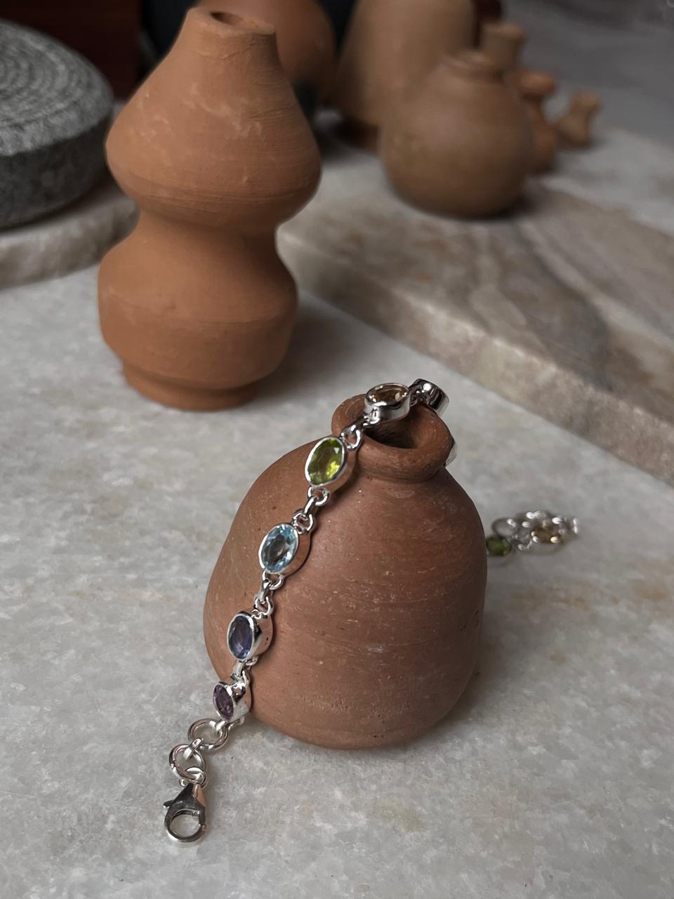 Oval Shaped Chakra Stones Bracelet in 925 Silver