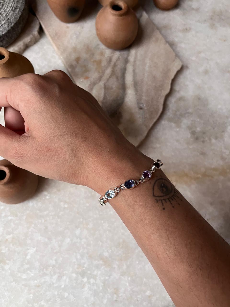 Spiritual Seven Chakra Oval Gem Bracelet 925 Silver