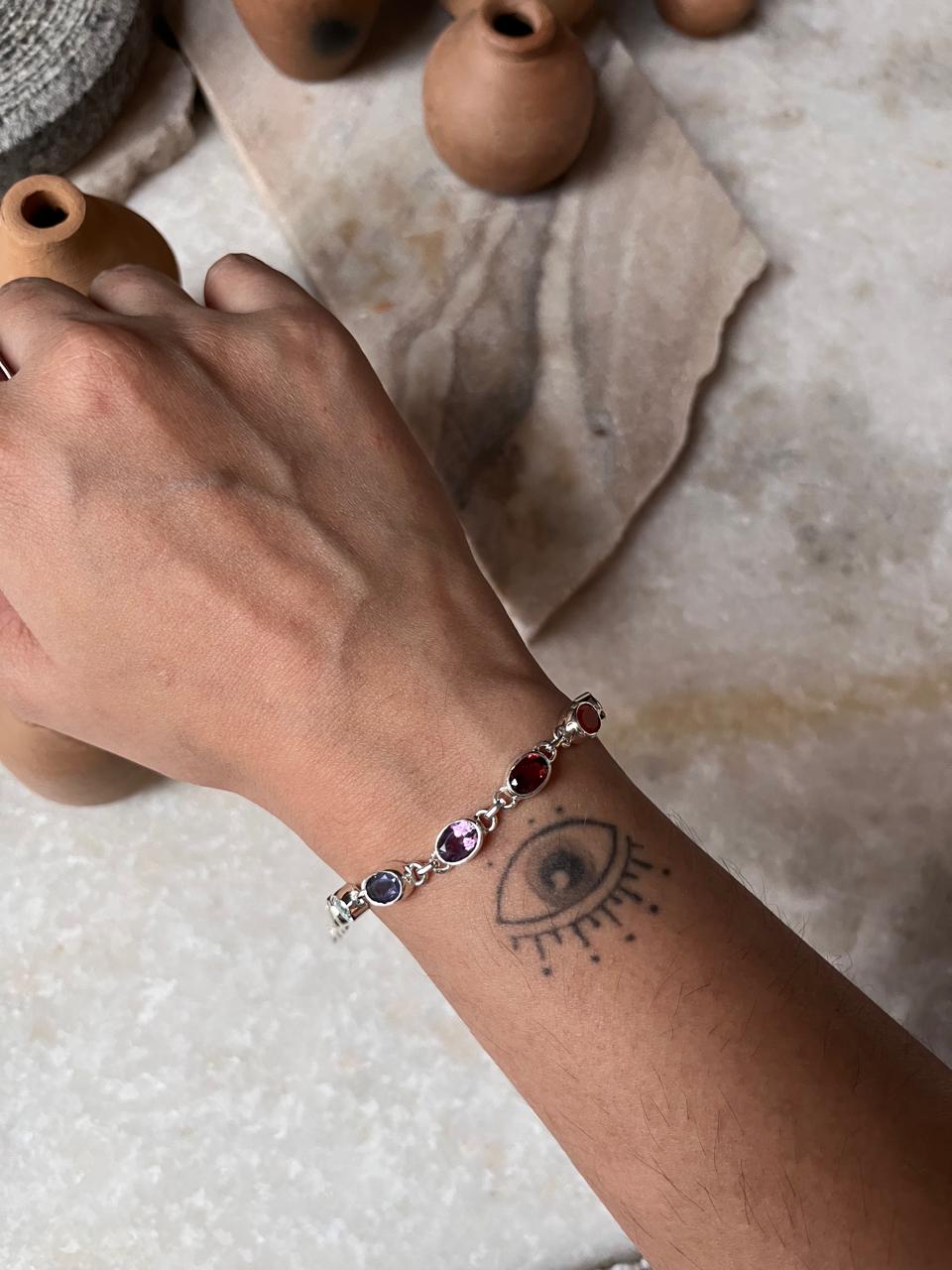 Healing Seven Chakra Bracelet with Oval Crystals and Silver