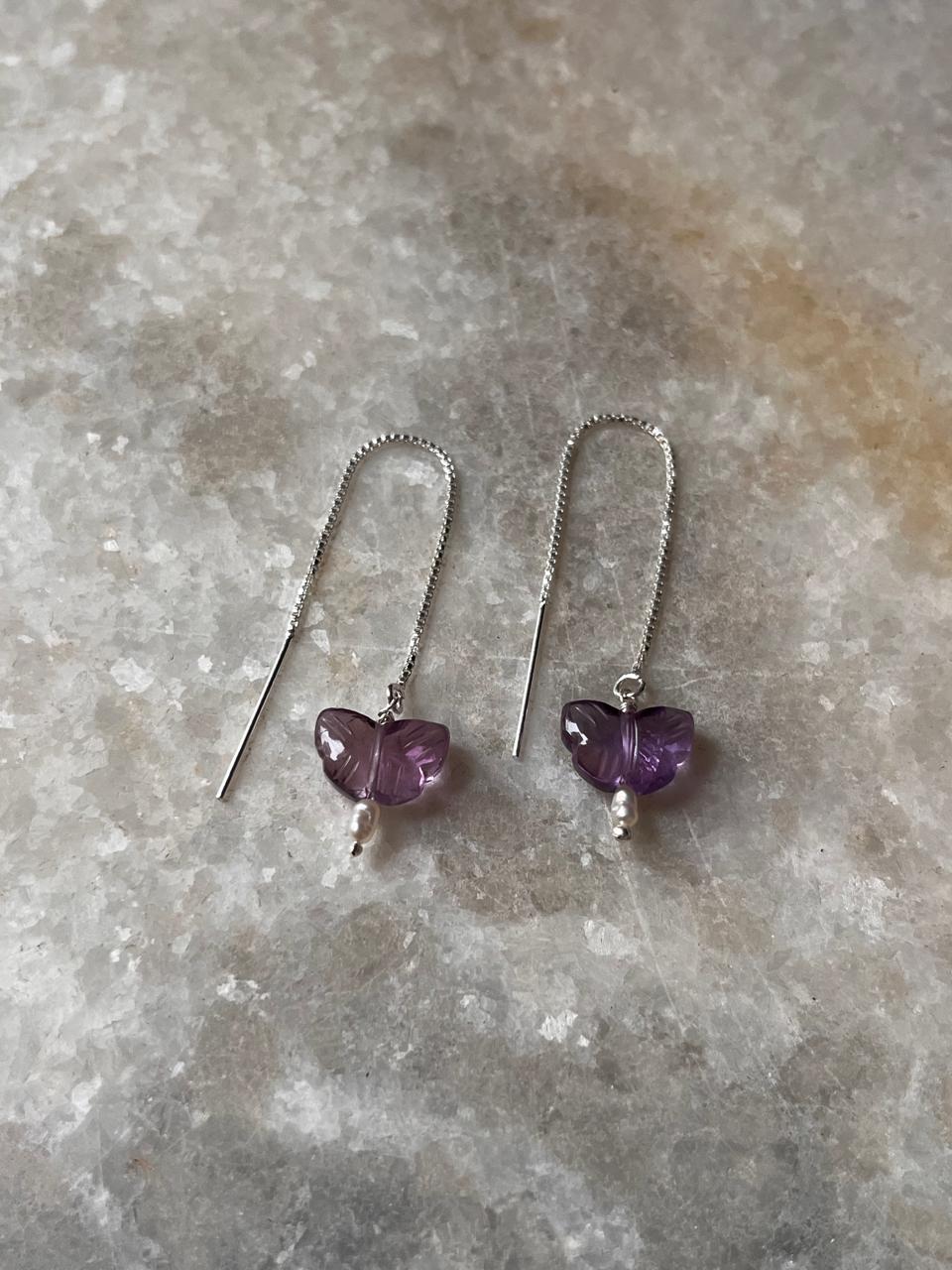 Sterling silver Sui Dhaga earrings with amethyst butterfly and pearl