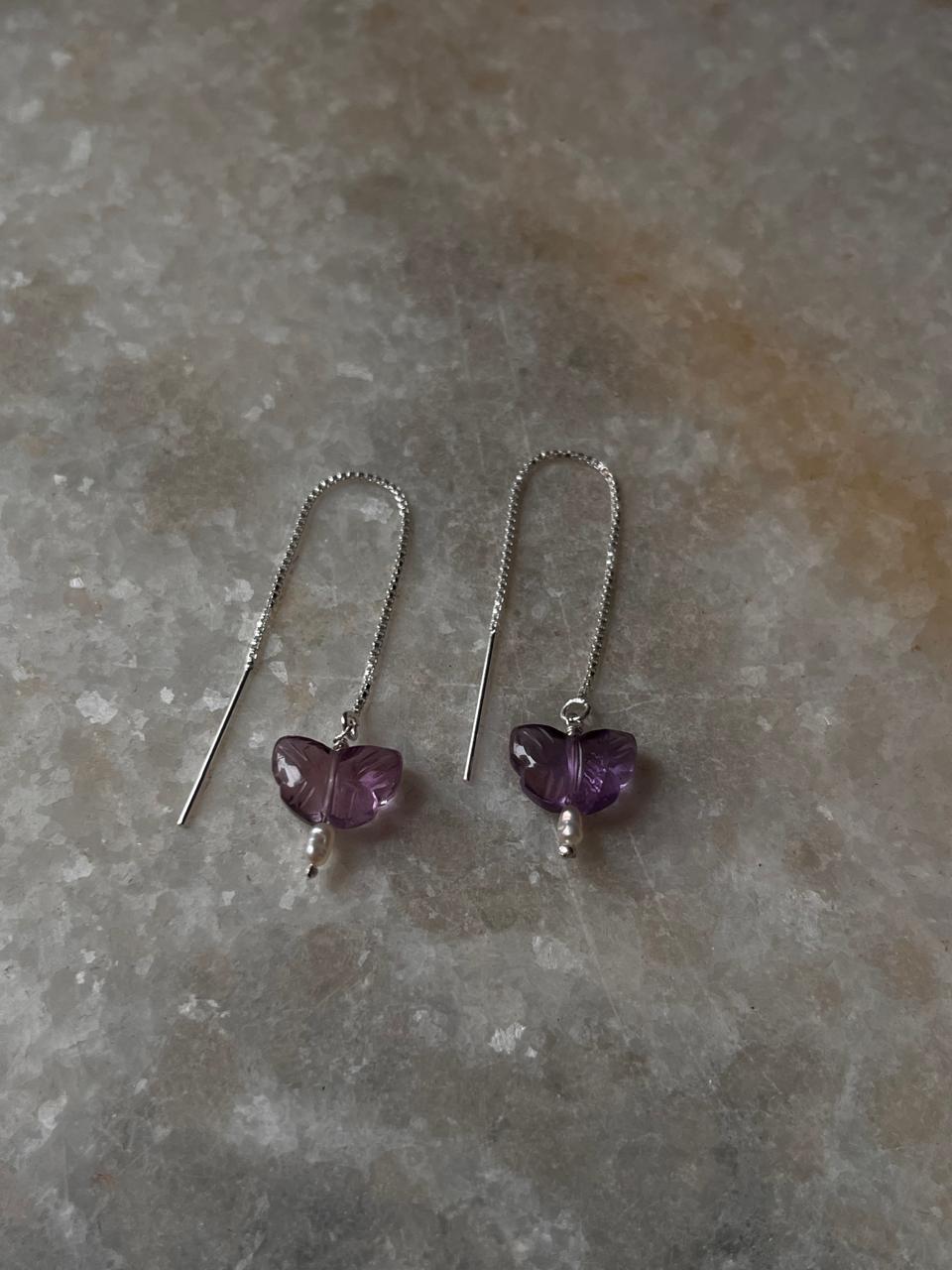 Long dangle earrings with amethyst butterfly and freshwater pearl