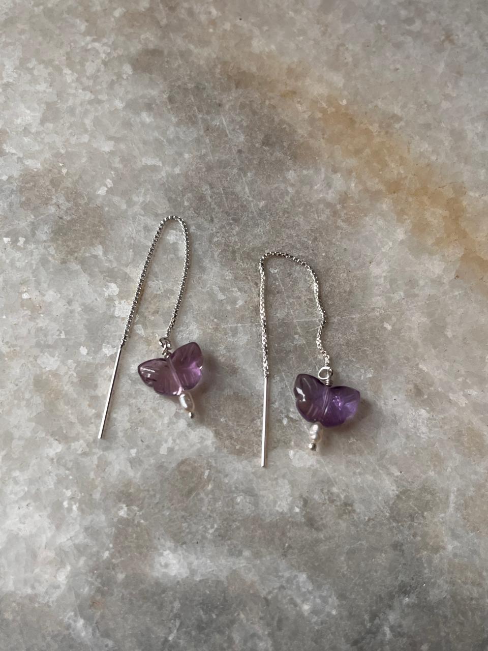 Elegant amethyst and pearl threader earrings in sterling silver