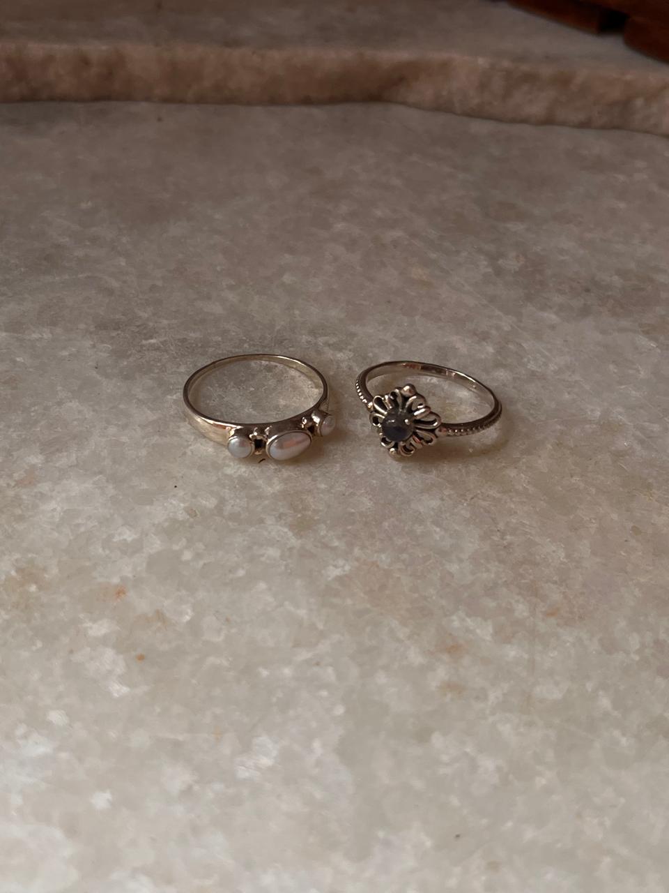 Fresh Water Pearl 3 Stone & Vintage Motif Fleur Labradorite 925 Sterling Silver Stack Set Ring
