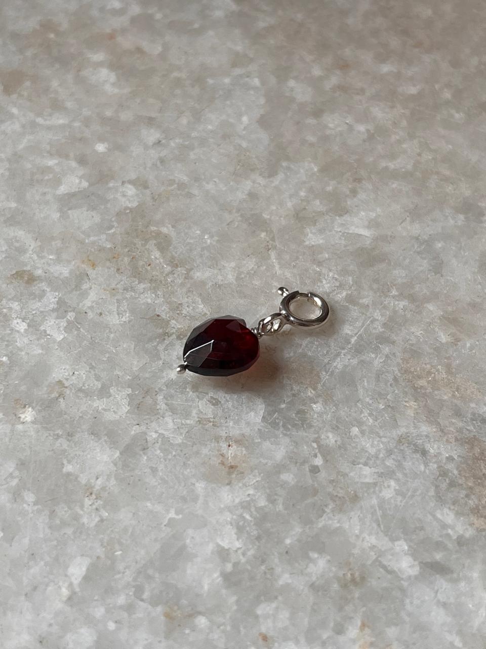 Heart-shaped garnet charm for silver bracelets