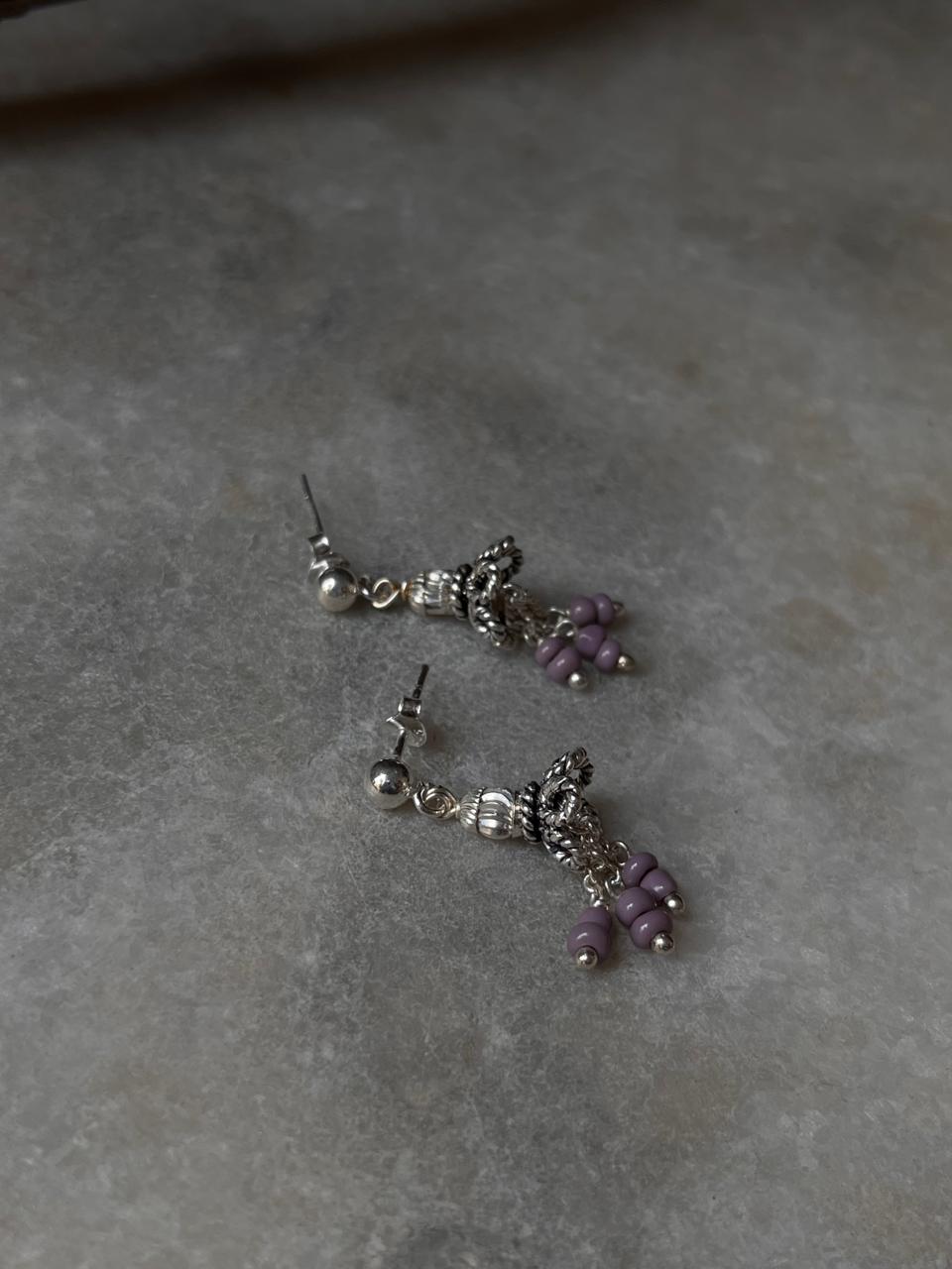 Sterling silver small jhumka earrings with lavender beads