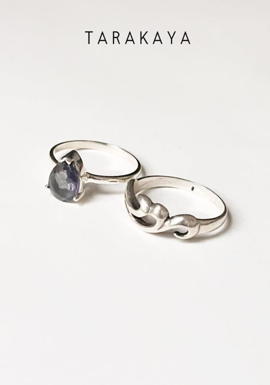 Iolite Solitaire Pear & Wave Motif Stack 925 Sterling Silver Ring