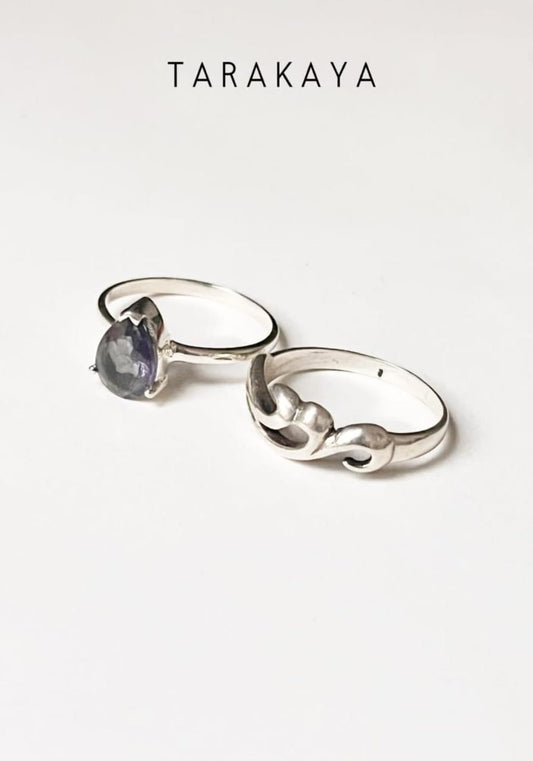 Iolite Solitaire Pear & Wave Motif Stack 925 Sterling Silver Ring