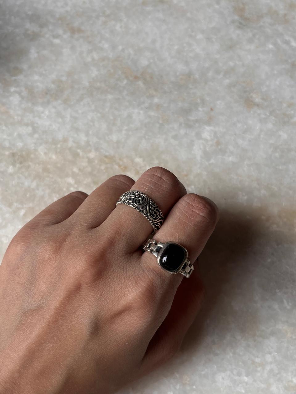 Black Onyx Cuban Link & Vintage Motif Thick Stack Band 925 Sterling Silver Ring