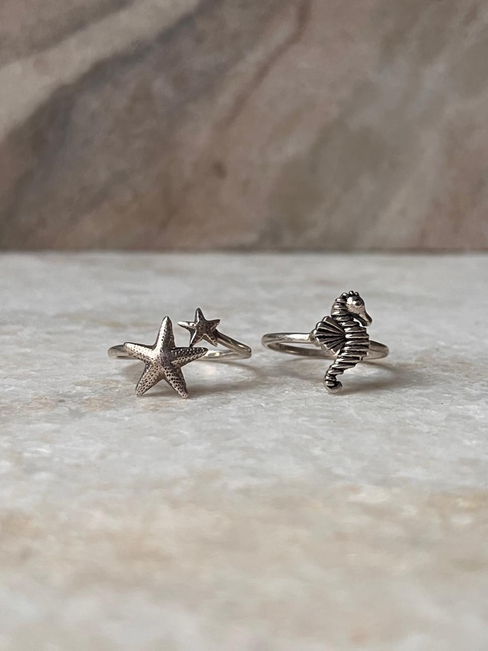 Ocean Inspired Stackable Rings with Starfish and Seahorse in Silver