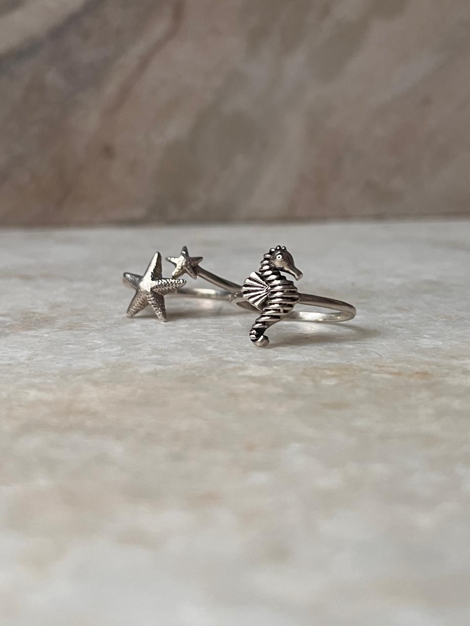 Nautical Theme Sterling Silver Stack Ring Set with Seahorse and Starfish