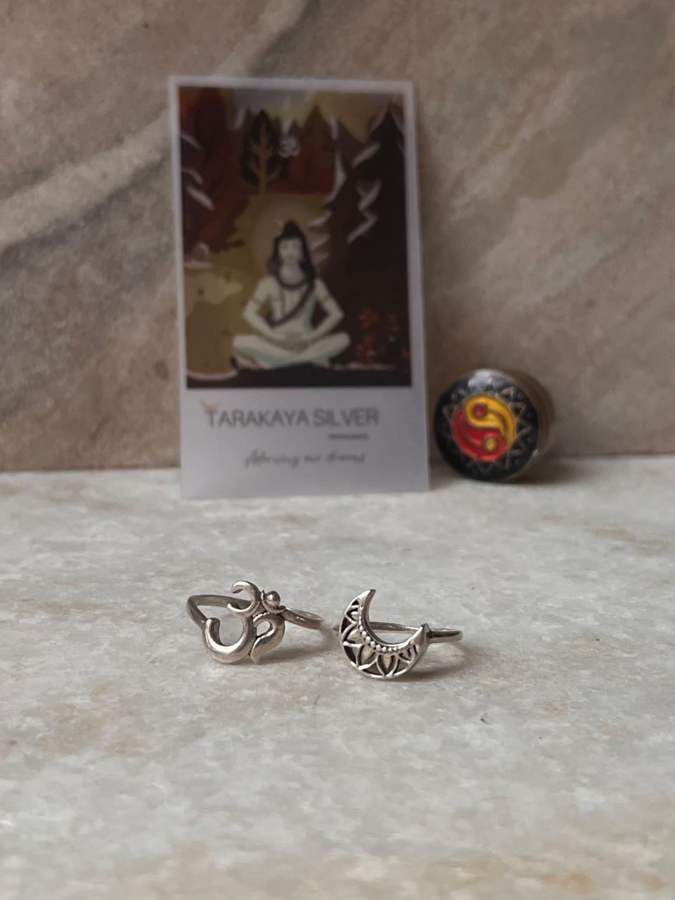 Spiritual Om Symbol and Boho Moon Stack Ring Set in 925 Silver