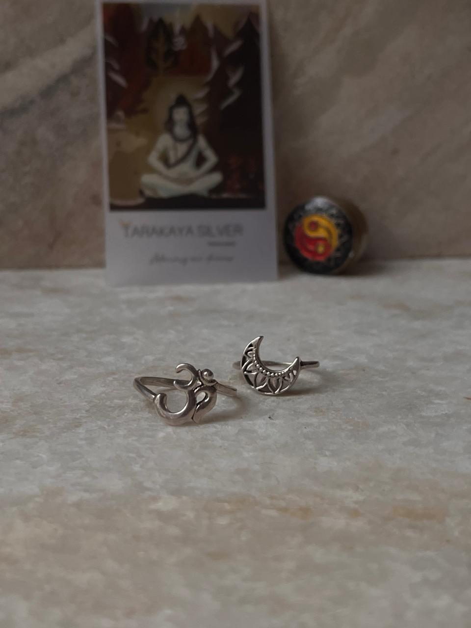 Handcrafted Sterling Silver Om and Moon Stackable Ring Set