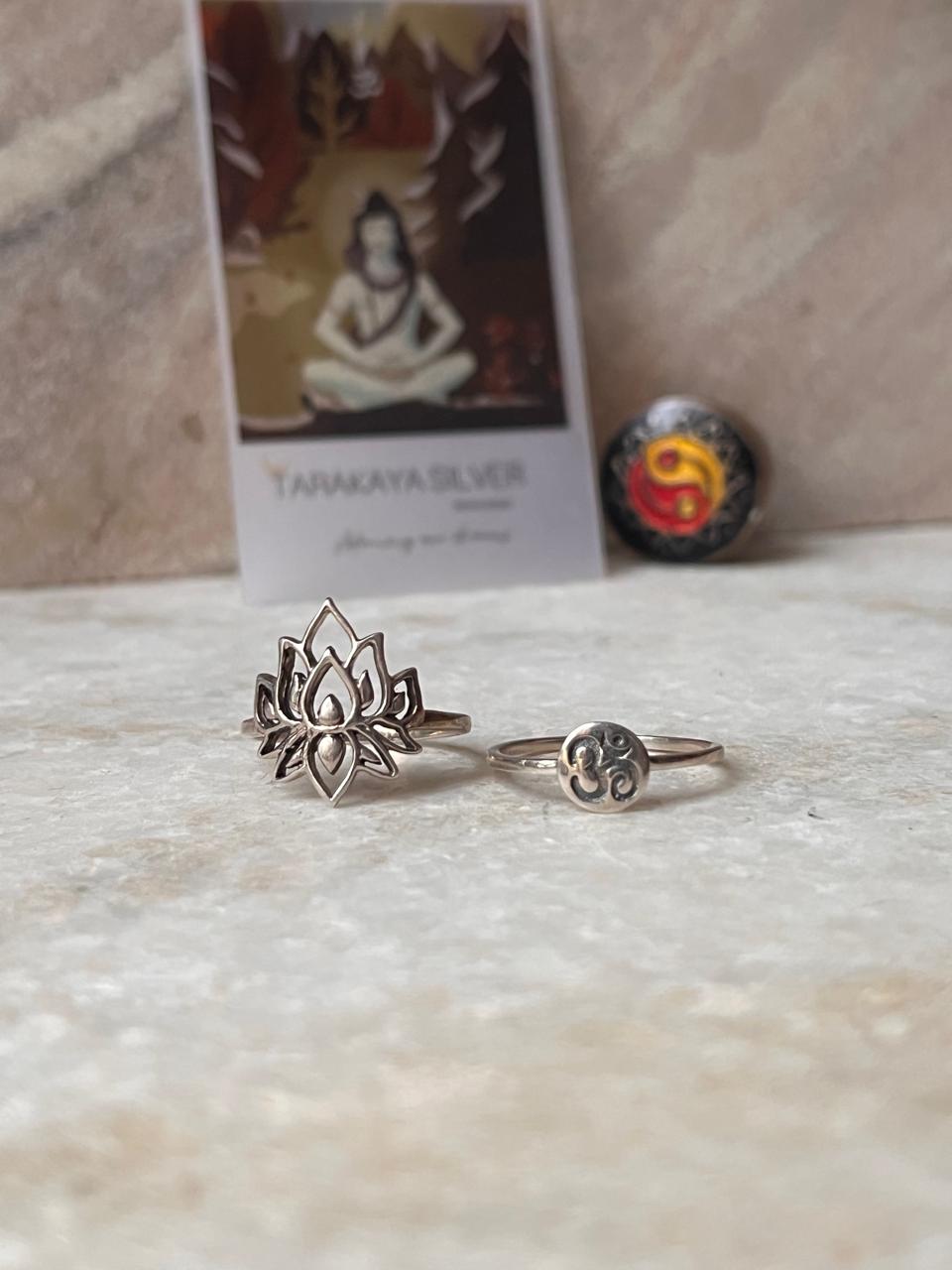 Engraved Divine Lotus and Om Stack Set Adjustable Silver Rings