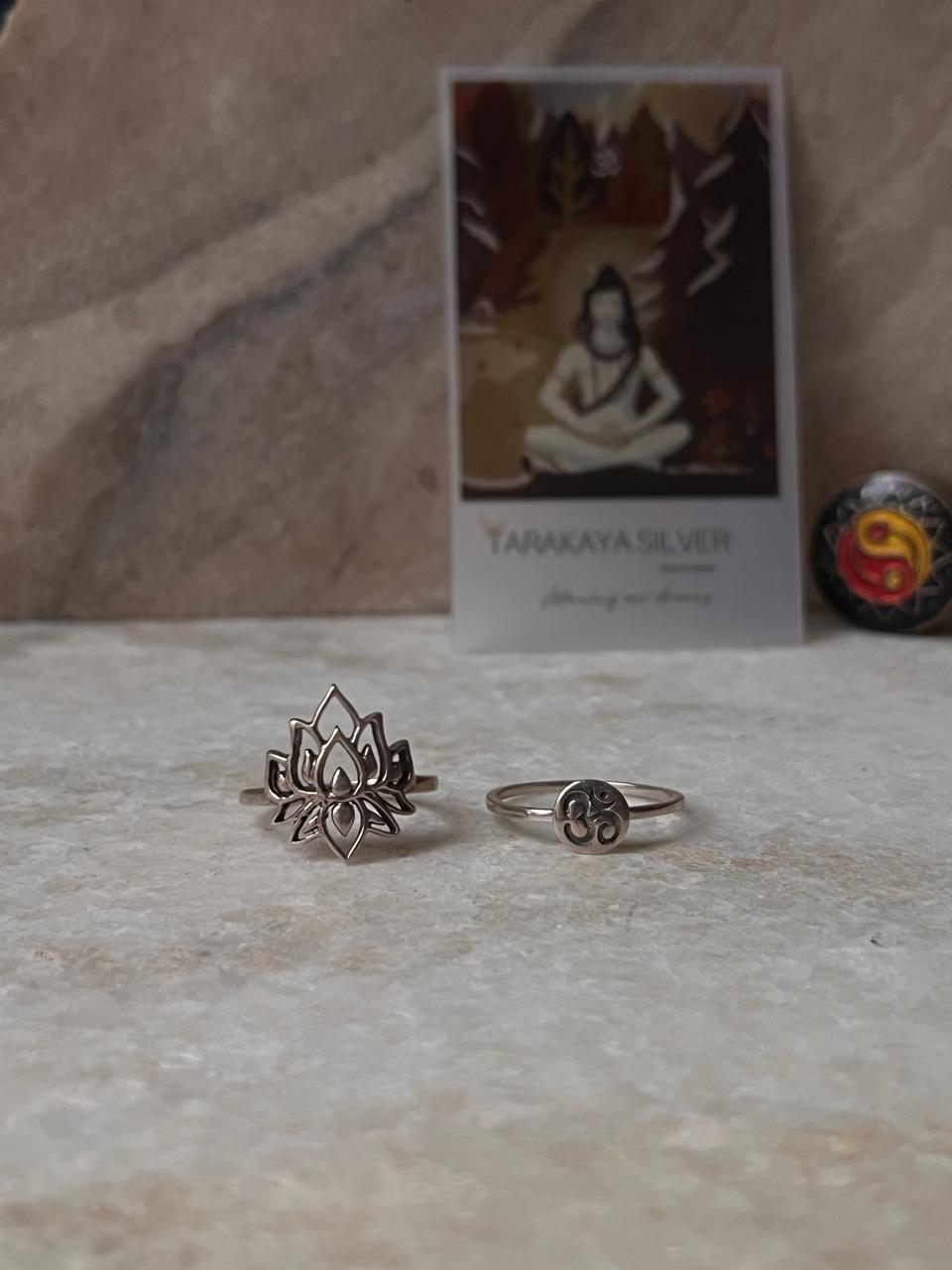 Spiritual Lotus and Om/Aum Symbol Stack Ring Set in 925 Silver