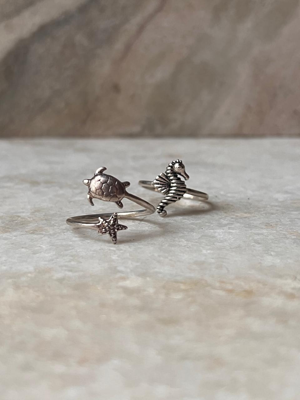 Handcrafted 925 Silver Stackable Rings with Tortoise, Starfish, and Seahorse
