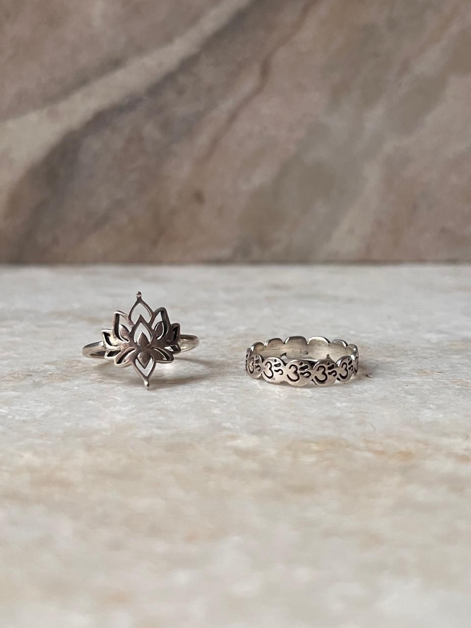 Om/Aum Symbol and Divine Lotus Stack Ring Set in Sterling Silver