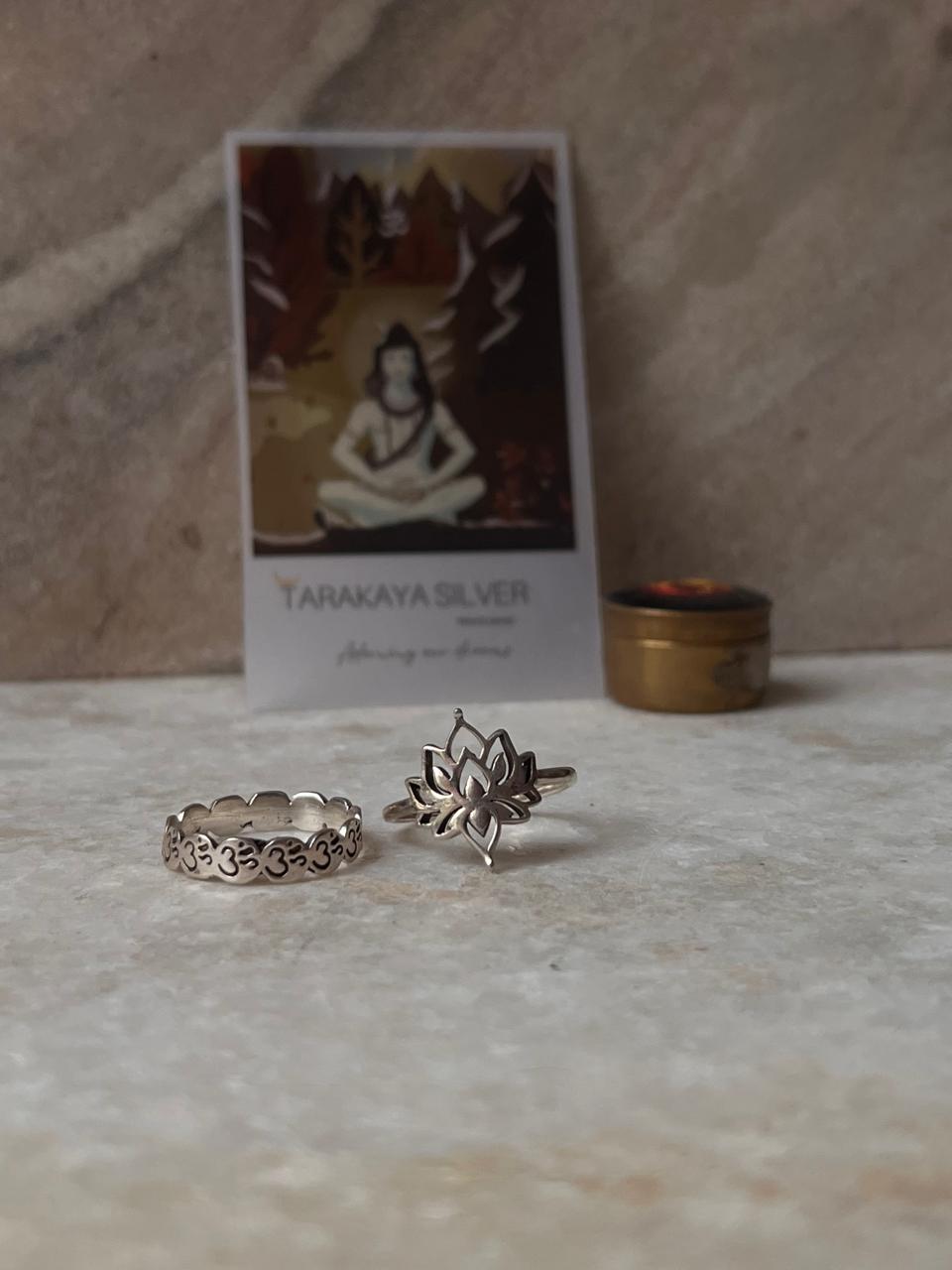 Handcrafted 925 Silver Om Circle of Life and Lotus Stackable Rings