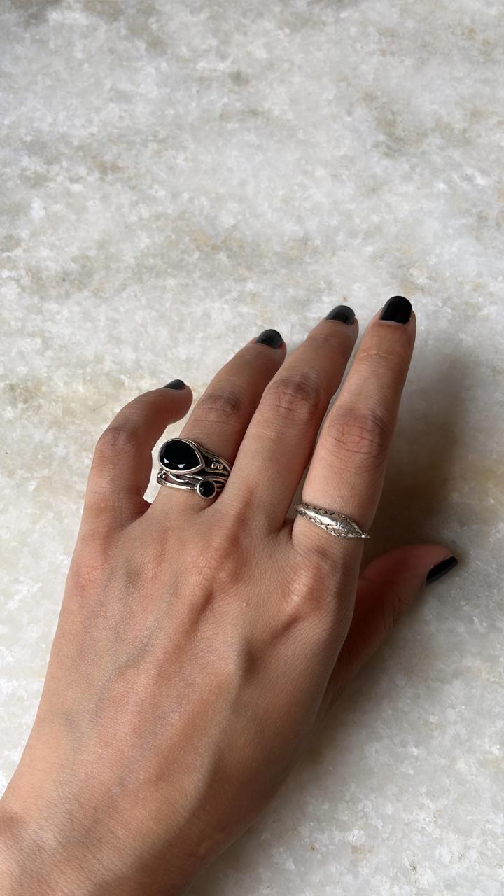 Sacred Snake and Black Onyx Pear Adjustable Stackable Silver Rings