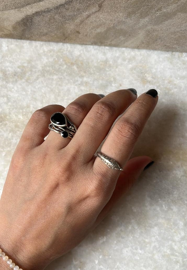 Black Onyx Pear Cut Rustic Statement & Serpent Stack 925 Sterling Silver Ring