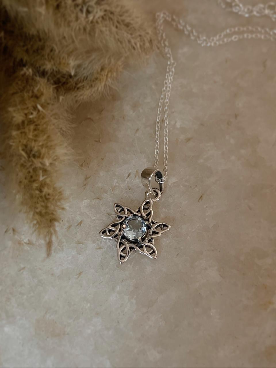 Blue Topaz Sun Celtic Knot 925 Sterling Silver Necklace