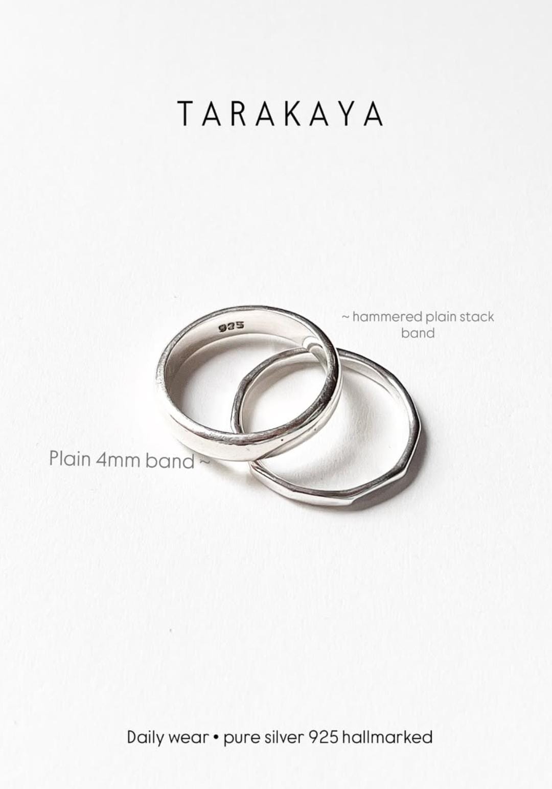 Plain 4mm & Hammered Band Stack Set 925 Sterling Silver Ring